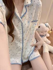 2pcs/Set Piyama Wanita, Cardigan Berkerah Motif Bintang, Celana Pendek Lengan Pendek Minimalis, Musim Semi/Panas - Blue and White - View 8