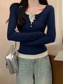 Long Sleeve T-Shirt Spring/Autumn New Thin Layering Top 2 In 1 Crew Neck - Navy Blue - View 2