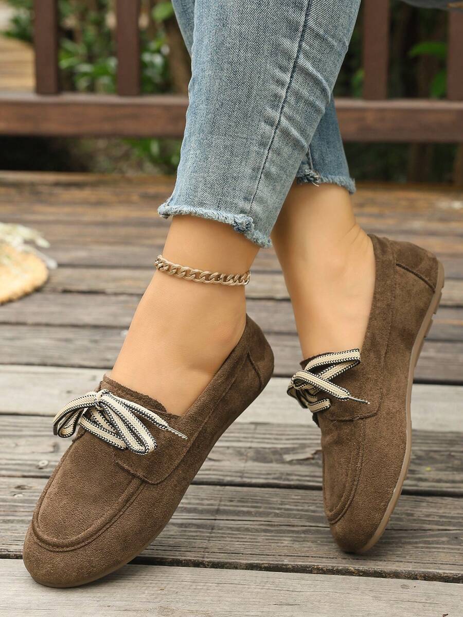 New Lace-Up Soft Sole Soft Surface Casual Spring/Autumn Suede Flat Shoes, Round Toe Soft Sole Slip-On Style, Versatile, Commute Casual Women's Flat Shoes - Coffee Brown - View 1