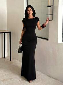 Women's Autumn Solid Color Basic Backless Dress Elegant Dress Party Date - Black - View 5