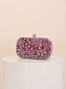 1pc Vintage Burgundy Handmade Beaded Evening Clutch Bag, Fully Decorated With Rhinestones And Pearls Embroidery, Spherical Rhinestone Kiss Lock, Luxurious And Eye-Catching, Wedding Banquet Party, Women's Formal Hard Shell Clutch Bag - Burgundy - View 2