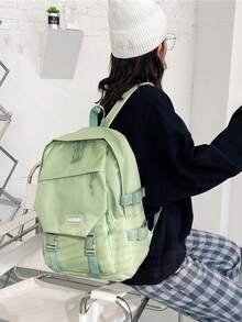 Tas Ransel Minimalis Modis, Tas Perjalanan, Tas Sekolah, Penutup Resleting, Ringan untuk Semua Musim, Kapasitas Besar, Klasik, Tali Bahu Ganda - Hijau - View 4