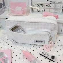 Ins Style Pink & White Polka Dot Plaid Pencil Case, Korean Style Large Capacity Multi-Layer Compartment Stationery Storage Bag, Cute Minimalist Student Pencil Pouch For Back To School - Multicolor - View 4