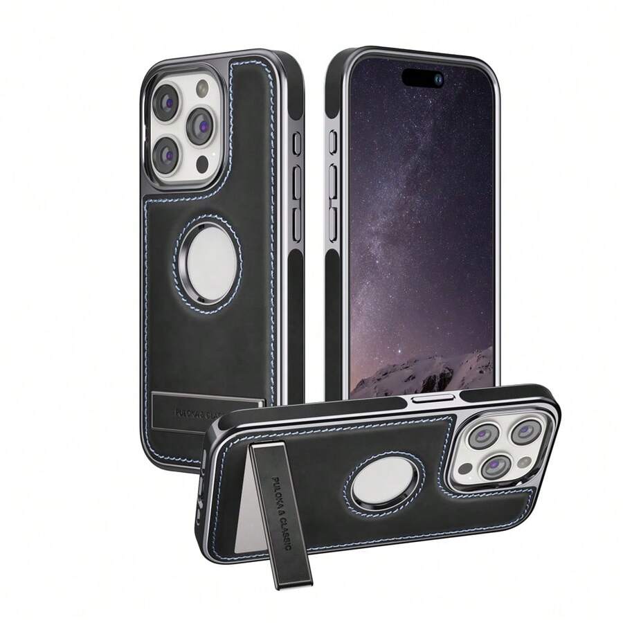 PULOKA Casing Ponsel dengan Stand dan Holder Pengisian Daya Nirkabel, Kompatibel dengan iPhone 15 Pro Max 14 13 12 11 - Casing Ponsel Kulit Imitasi Gaya Vintage