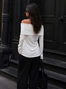 HoloChill Women's Young Influencer Casual Style White Off-Shoulder Knit Pullover, Long Sleeve Ribbed Knit Top, High Elastic Fabric, Casual Wear Pullover Fall Casual 2026 New Arrival Fall Sweater, Women's Elegant Outfit For Going Out, Back To School Homecoming Fall/Winter French - White - View 2