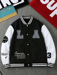 1pc Tween Boys Fashion Letter Print Color Block V-Neck Pullover Sweatshirt Jacket, Autumn/Winter - Black - View 8