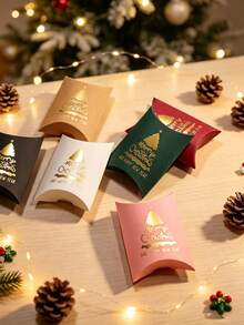 5pcs Festive Christmas And New Year Favor Boxes, Elegant Curved Pillow Packaging With Metallic Gold Lettering, Easy Assembly Small Gift Boxes For Winter Parties, Family Celebrations, Table Decorations And Seasonal Surprise Gifts - 9.2 X 6 X 2.5 cm - View 3