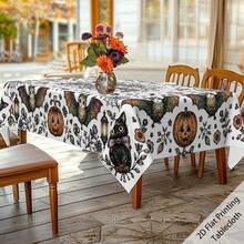 1pc,Vintage Halloween Tablecloth, Black White Pumpkin Bat Cat Print Polyester Table Cover, Elegant Halloween Dining Table Decor For Kitchen, Party, Family Gathering And Holiday Home Decoration - C - View 12