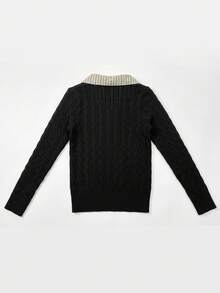 Sweet Style Patchwork Striped Polo Collar Cable Knit Sweater, Slim Fit Flattering Inner Layer Base Top For Women, Autumn/Winter - Black - View 7