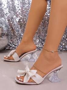Women's High Heel Sandals, Fashionable White Bow Decor, Transparent Upper, Square Toe Open Toe Wine Glass Heel, Suitable For Summer Vacation, Party - Beige - View 3
