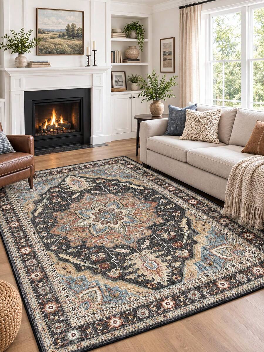 1pc Vintage Distressed Persian Style Rug, Red Bohemian Moroccan Comfortable Polyester, Pink Rug Rectangular Easy Care Washable Area Carpet, Suitable For Living Room, Hallway, Bedside, Sitting Room, Bedroom, Home Decor