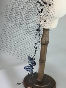 2pcs Gothic Black Lace Butterfly Masquerade Mask Set With Tulle Veil, Halloween Costume Party Hair Accessory Photo Prop - Black - View 7