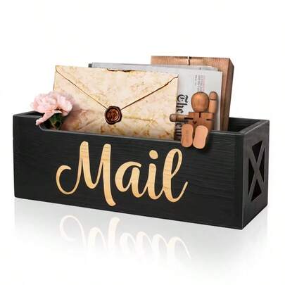 Boîte de rangement de courrier en bois avec design d'inscription MAIL, bois brun rustique, support de bureau pour courrier, factures, notes et cartes postales, convient pour la maison, le bureau et le dortoir
