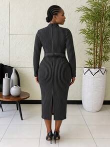 NOU Women's Mid-Length Dress With Small High Neck, Vertical Row Of Multiple Gold Buttons, Faux Pocket Flap With Button, Elastic Striped Fabric - Black and White - View 4