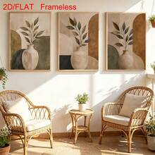 3Pcs Unframed Boho Botanical Art Print Set, Neutral Earth Tone Vase Leaf Canvas Posters, Abstract Geometric Shape Wall Ornament, Modern Minimalist Decor For Living Room Bedroom - A - View 2