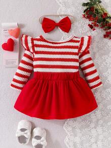 Sött 2-delat set för babyflicka, röd- och vitrandig 2-i-1-bodysuit med 3D-blomrosett, patchwork och colorblock, öppen gren och skort + röd rosetthårband - Röd - Visa 3