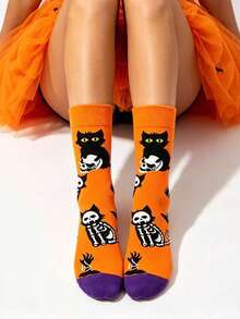 1 Pair Halloween Black Cat Skeleton Jacquard Mid-Calf Socks, Unisex, Colorblock Retro Quirky Cartoon Cat & Skeleton Pattern, Personalized Comfortable Sweat-Absorbent Socks For Party And Daily Wear, Autumn/Winter - Multicolor - View 2