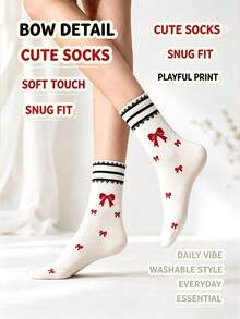 5 Pairs Japanese Style Red Bow Mid-Calf Socks For Women, Lace Trim Striped Socks, Sweet Girl Style Versatile Slouch Socks - Multicolor - View 4