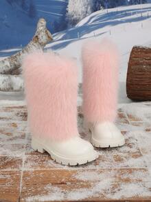 Girls' Pink Fluffy Fur Trim Round Toe Chunky Heel Back Zipper Mid-Calf Boots, Warm And Comfortable For Daily Wear - Pink - View 6