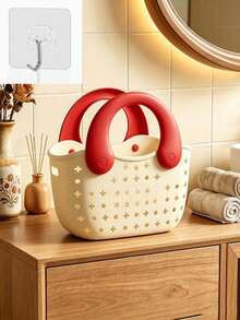 1pcModern Simple Plastic Shower Caddy, Curved Bucket Shape With Dual Handles, Hollow Perforated Design And Contrast Letter Print, Portable Bath Storage Basket For Toiletries, Suitable For Bathroom, Dormitory And Swimming Pool - Multicolor - View 12