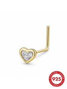 lunastudio 1pc 925 Sterling Silver L-Shaped Heart Zirconia Nose Stud For Women Daily Wear - Gold - View 2