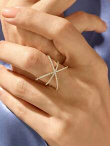 1pc Women's X-Shaped Cross Zirconia Fashion Ring, Gold Micro-Inlaid Transparent Zirconia Open Cross Ring Jewelry, No Packaging Box - Yellow - View 2