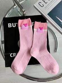 1/4 par de calcetines de media caña para mujer con bloques de color, calcetines de punto con rayas de contraste de dopamina y decoración de etiqueta con corazón, calcetines deportivos casuales suaves, adecuados para combinar con zapatillas, estilo callejero y accesorio de moda de dopamina diario - Multicolor - Ver 12