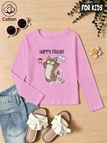 Girls Cotton Twill Long-Sleeved T-Shirt, Autumn/Winter Style, Featuring A Cartoon Cat Print, In A Cute And Sweet Preppy Style - Light Wine Red - View 2