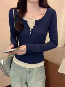 Long Sleeve T-Shirt Spring/Autumn New Thin Layering Top 2 In 1 Crew Neck - Navy Blue - View 1