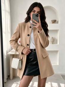 Women's Autumn/Winter Elegant Minimalist Small Stand Collar Solid Color Casual Daily Commute Front Button Faux Pocket Slim Fit Flattering Long Sleeve Wool Blend Jacket - Khaki - View 4