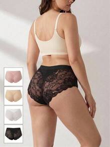 Rosiemei 4pcs Women's Plus Size Mid-High Waist Lace Triangle Panties, Soft Breathable Skin-Friendly Comfortable For Daily Wear - Multicolor - View 1