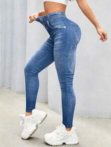 Women's Autumn/Winter Elastic 3D Denim Print Skinny Leggings With Faux Pockets, Suitable For Daily Wear, School, Graduation And Outings - Medium Wash - View 1