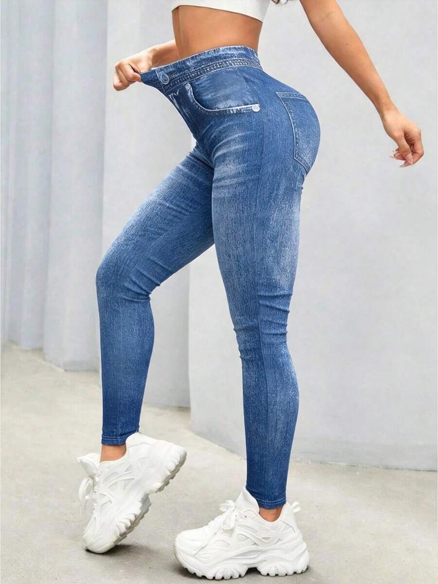 Women's Autumn/Winter Elastic 3D Denim Print Skinny Leggings With Faux Pockets, Suitable For Daily Wear, School, Graduation And Outings - Medium Wash - View 1