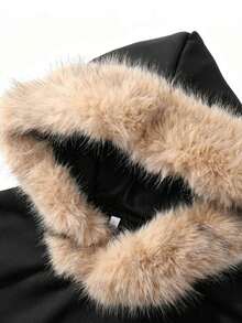 Large Size Hooded Sweatshirt, Faux Fur Collar, Fleece Lined Pullover, Suitable For Autumn/Winter, Casual Daily And Commute Wear - Black - View 5