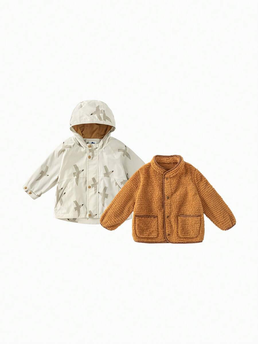 mini bala Versatile Autumn Unisex Kids Layering Jacket Water Repellent Windproof Breathable Plush Inner Liner - White Coffee Color - View 1