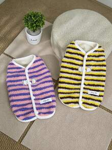 Striped Sherpa Dog Vest With D-Ring, Winter Warm Plush Pet Coat, Button-Up Puppy Cat Jacket, Soft Fleece Clothes For Small Medium Dogs & Cats - Multicolor - View 6