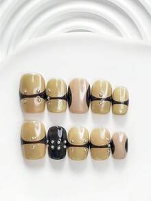10片裝極簡風手工穿戴甲，Polygel美甲套組，手繪圖案，金屬珠飾，綠色與棕色指甲油，獨特風格，附美甲工具，3種尺寸可選：方形、短方形、杏仁形，適合派對、舞蹈、日常配戴 - 彩色 - 查看 20
