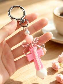 Cute Macaron Cross Beaded Keychain, Transparent Bow Pearl Bag Charm, Y2K Dopamine Color Backpack Pendant Accessory For Women - 2893 - View 2