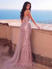 Elegant Women's Sleeveless Long Sequin Formal Dress, Sweetheart Neckline, High Slit, Suitable For Evening Parties And Balls - Pink - View 3