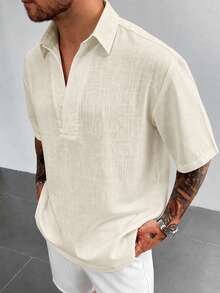 GloMan Men's White Linen Blend Half Placket Henley Collar Short Sleeve Shirt, Breathable For Summer, Suitable For Beach, Vacation, Daily Wear, Halloween, Christmas, Gift For Husband/Father - Apricot - View 5