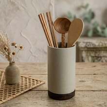 One-Piece Molded Minimalist Clay Ceramic Tableware Storage Canister With Wooden Base, Storage Jar, Kitchen And Living Room Vase Decor, Suitable For Home, Restaurant, Decorative Storage Box, Christmas Gift - View 3