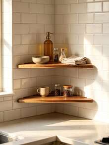 2Pcs Wooden Floating Corner Wall Shelves Rustic Wood Kitchen Storage Organizer Wall Mounted Display Rack For Pantry Bathroom Dining Room Space‑Saving Home Decor - View 5