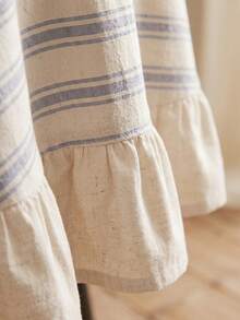 1pc Beige Base Blue Fine Striped Round Tablecloth, Natural Rustic Style Fabric, Round Beige With Scalloped Edge And Patchwork Detail, Decorative And Functional, Suitable For Daily Home And Rustic Dining Table Decor - Blue - View 10