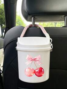 Cute Bowknot Cherry Print Swing Lid Car Trash Can, , Detachable Hanging Rope,Multifunctional Desktop Sundry Storage Bucket, Makeup Brush Holder, Car Interior Decor, Back To School Holiday Gift - A - View 1