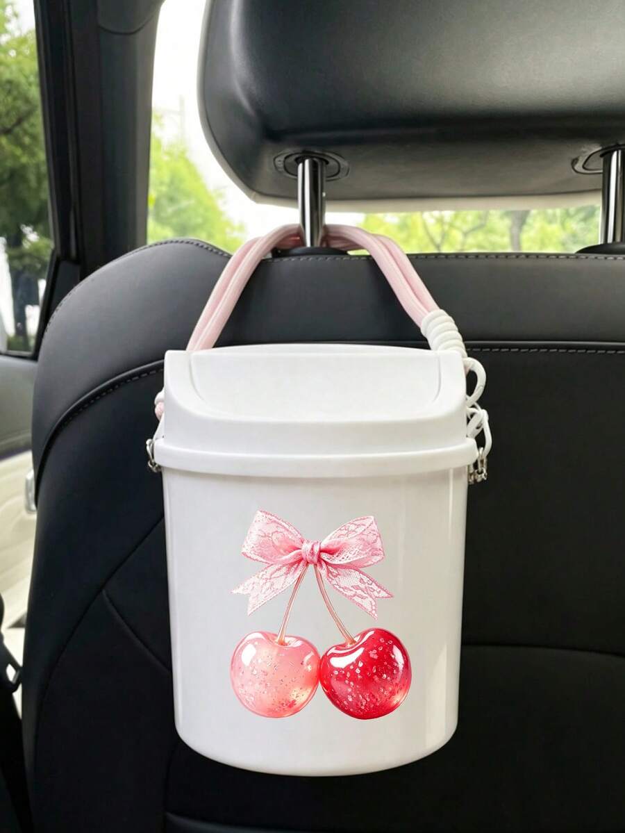 Cute Bowknot Cherry Print Swing Lid Car Trash Can, , Detachable Hanging Rope,Multifunctional Desktop Sundry Storage Bucket, Makeup Brush Holder, Car Interior Decor, Back To School Holiday Gift - A - View 1