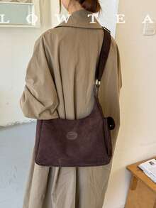 low tea 1pc Minimalist Crescent-Shaped Suede Fabric Shoulder Bag, Adjustable Strap, Suitable For Commuting, Shopping, Etc. - Coffee - View 12