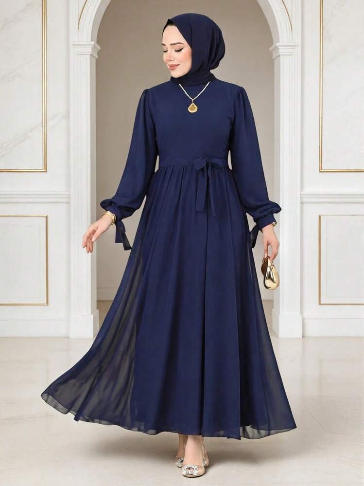 womens dark blue flowy dress casual Navy Chiffon Maxi For Women, Elegant With Waist Tie Bow Sleeve, Flowing Long Sleeve Abaya Dress INV-G152954