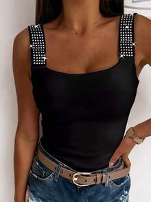 ChicMe Women's Square Neck Rhinestone Sleeveless Camisole, All-Match Versatile Slim Fit Shiny Tank Top - Black - View 1