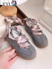 1 Pair Fashionable Versatile Ballet Style Lace-Up Flat Shoes, Suitable For Spring, Summer, Autumn, 2026 New Arrival - Grey - View 4