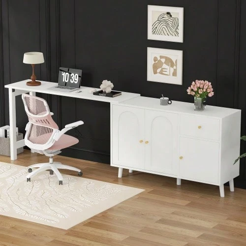 2-In-1 Multifunctional Desk And Sideboard – 360° Swivel, 3 Doors 1 Drawer – Elegant Computer Desk, Corner Desk, Vanity, Desk, Sideboard - White - View 1